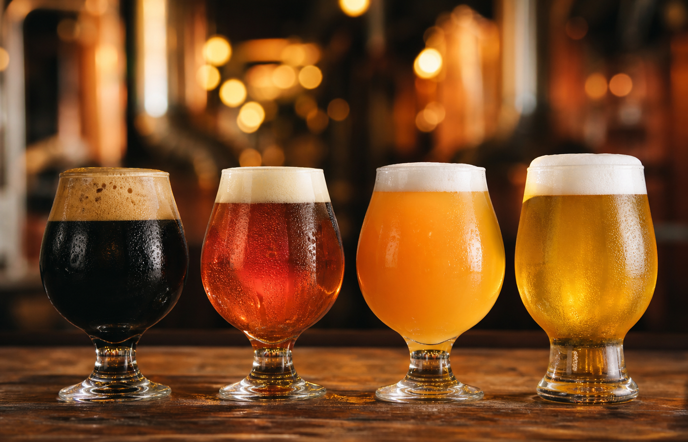 Degustación de cuatro cervezas artesanales distintas en vasos sobre la barra