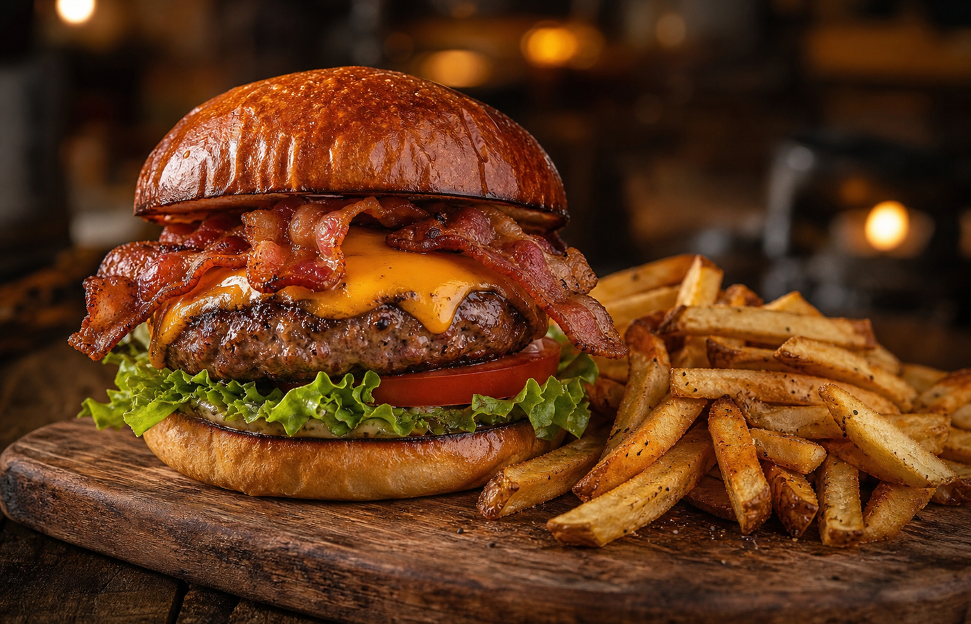 Hamburguesa artesanal con queso derretido, panceta crocante y papas fritas, sobre tabla de madera