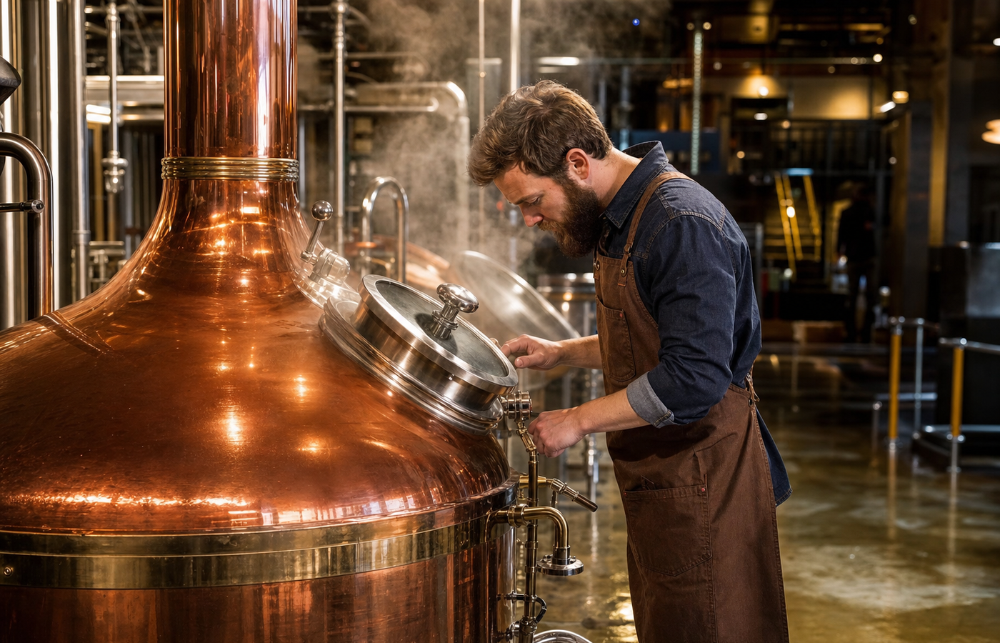 Cervecería artesanal en plena elaboración de cerveza, con pava de cobre y vapor, en DOMINGO 7 Salta