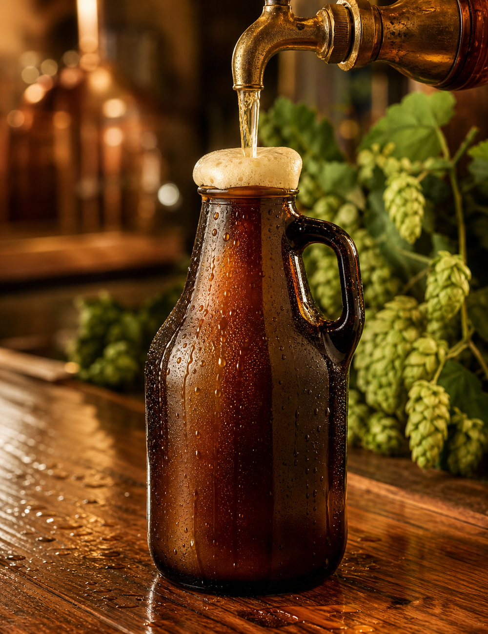 Recarga de growler de vidrio con cerveza artesanal saliendo de la canilla, con espuma, en DOMINGO 7