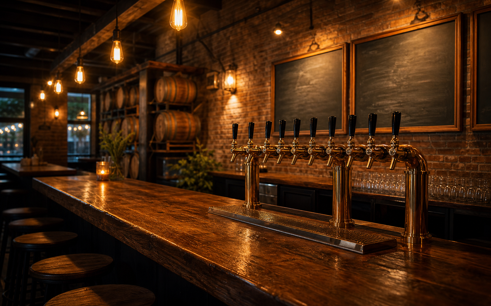 Interior cálido de la cervecería DOMINGO 7 en Salta, con barra de madera, canillas de bronce y luz ámbar
